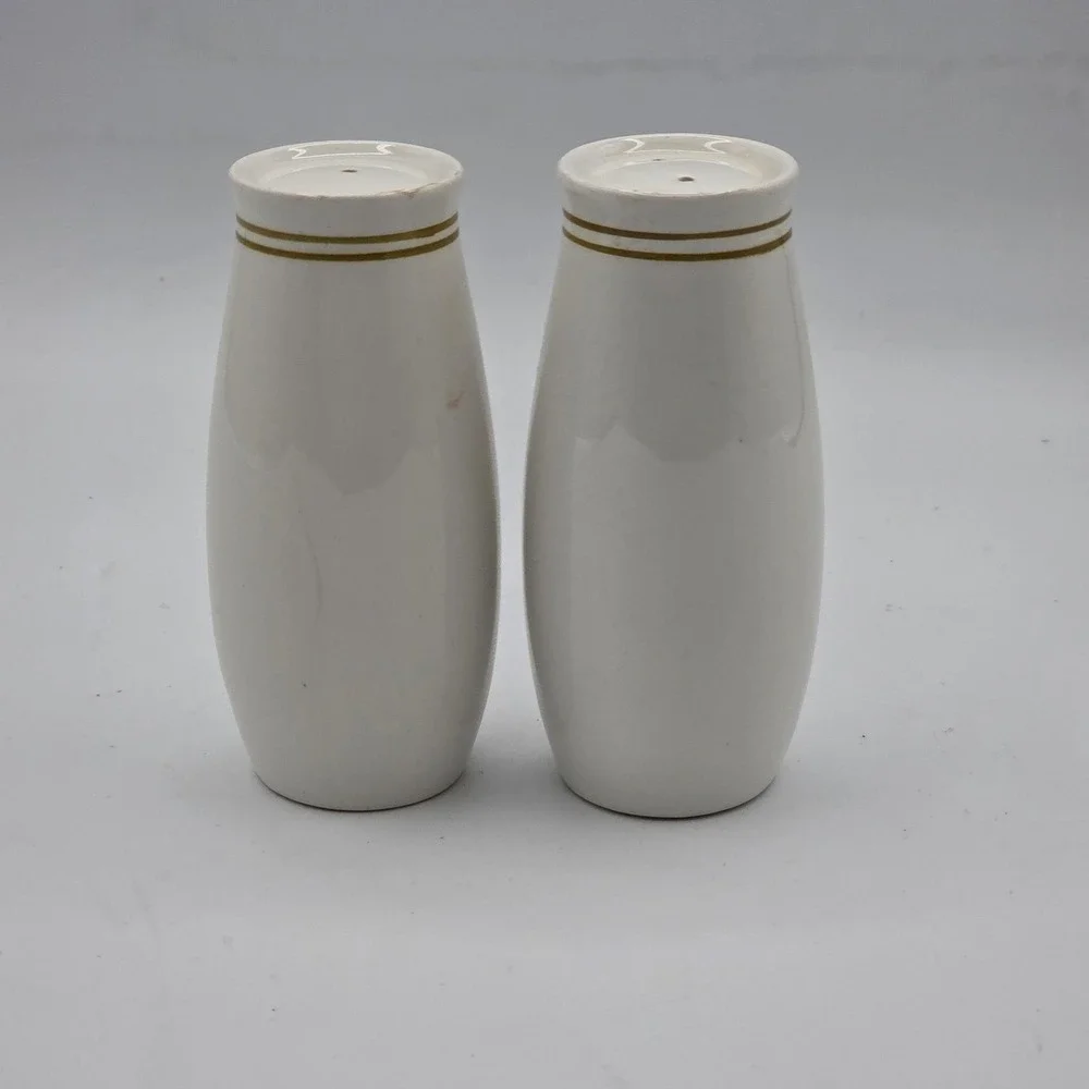 Vintage Japan Ceramic Salt & Pepper Shakers White Gold Band Pair Mid Century‎